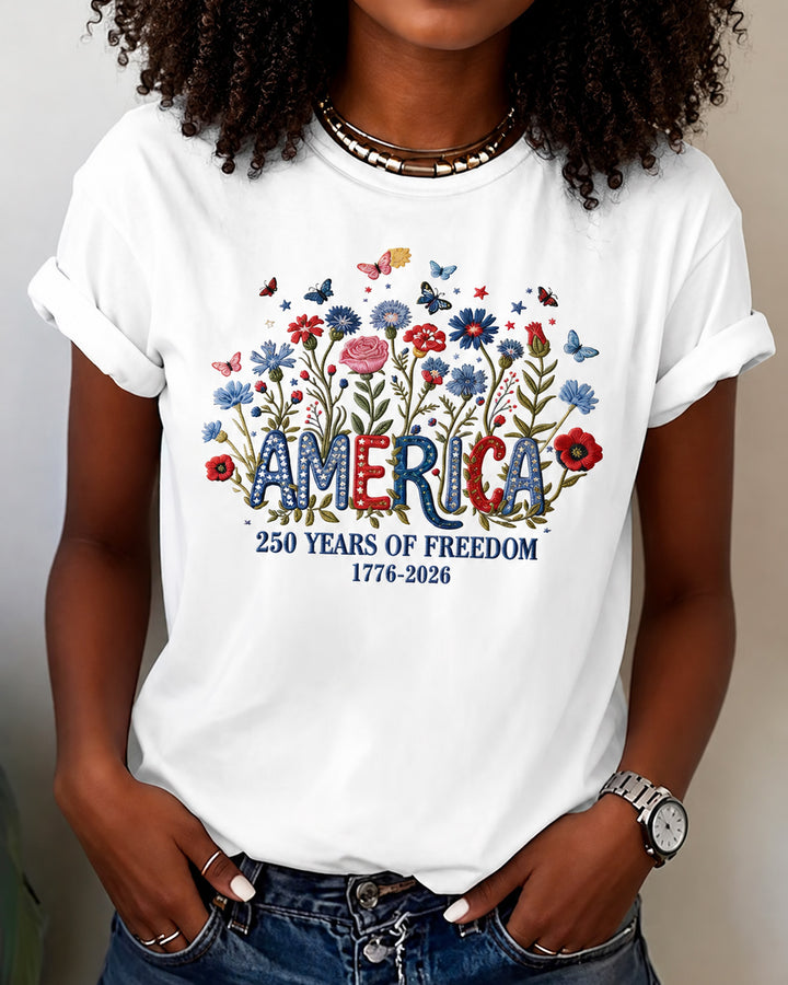 100% Cotton America 250 Years USA Floral Crew Neck Short Sleeve Tshirt