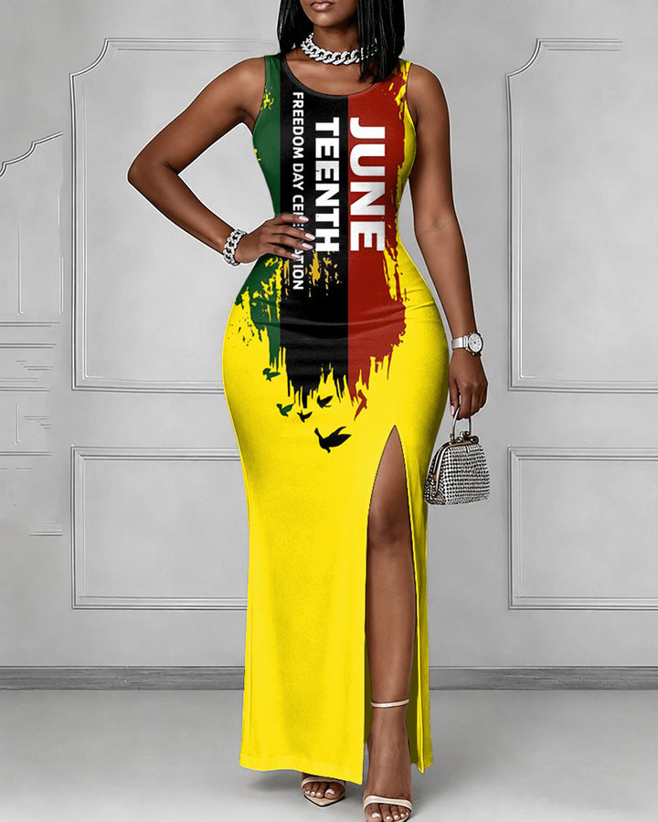 Freedom Juneteenth Graffiti Print Sleeveless Split Hem Bodycon Dress