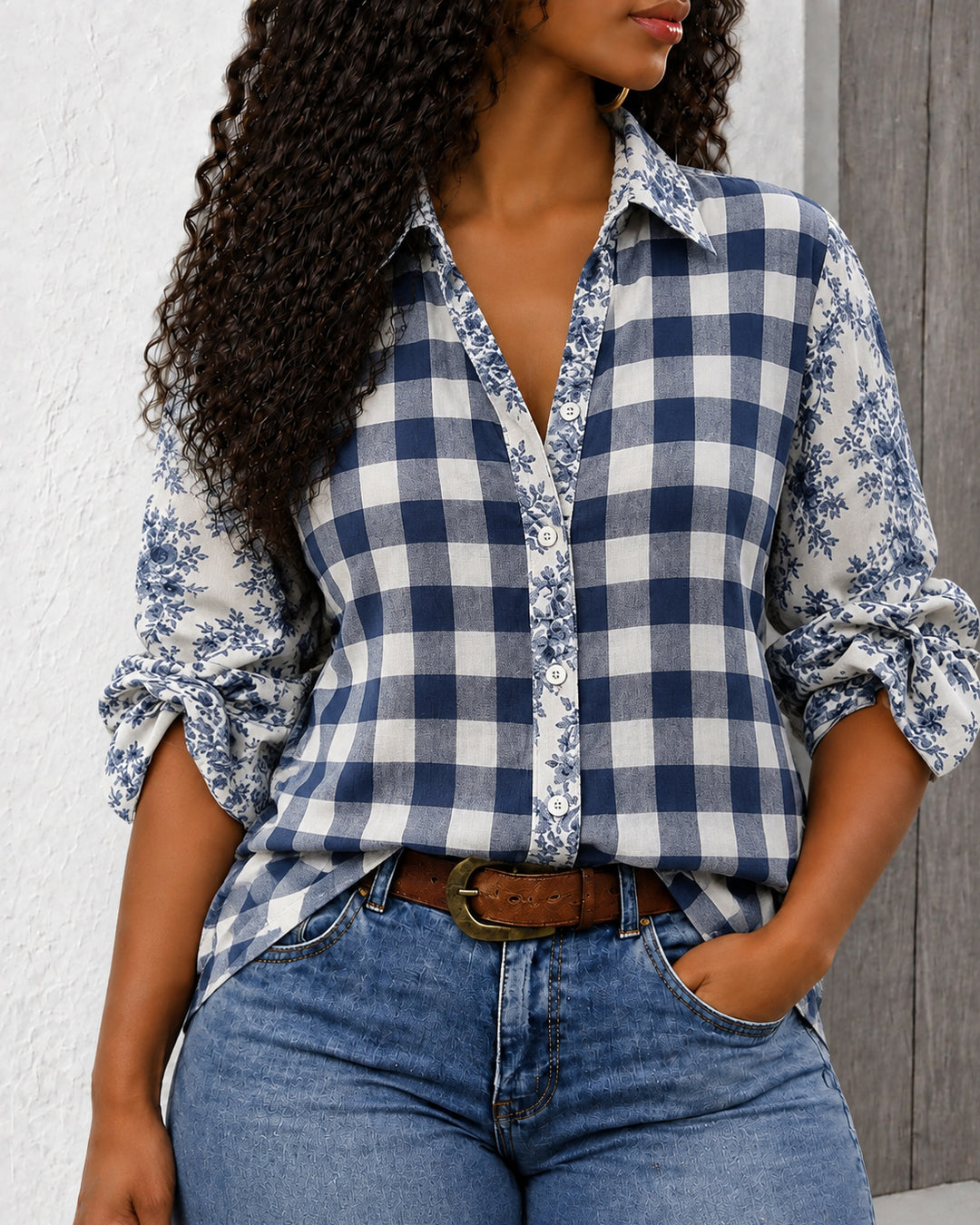 Vintage Plaid Floral Print Three Quater Ruffle Sleeve Blouse