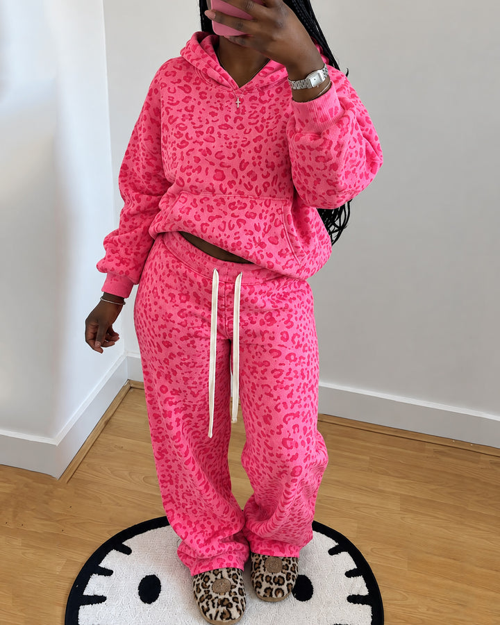 Retro Leopard-print Hooded Sweatshirt and Wide-leg Trousers Two-piece Set