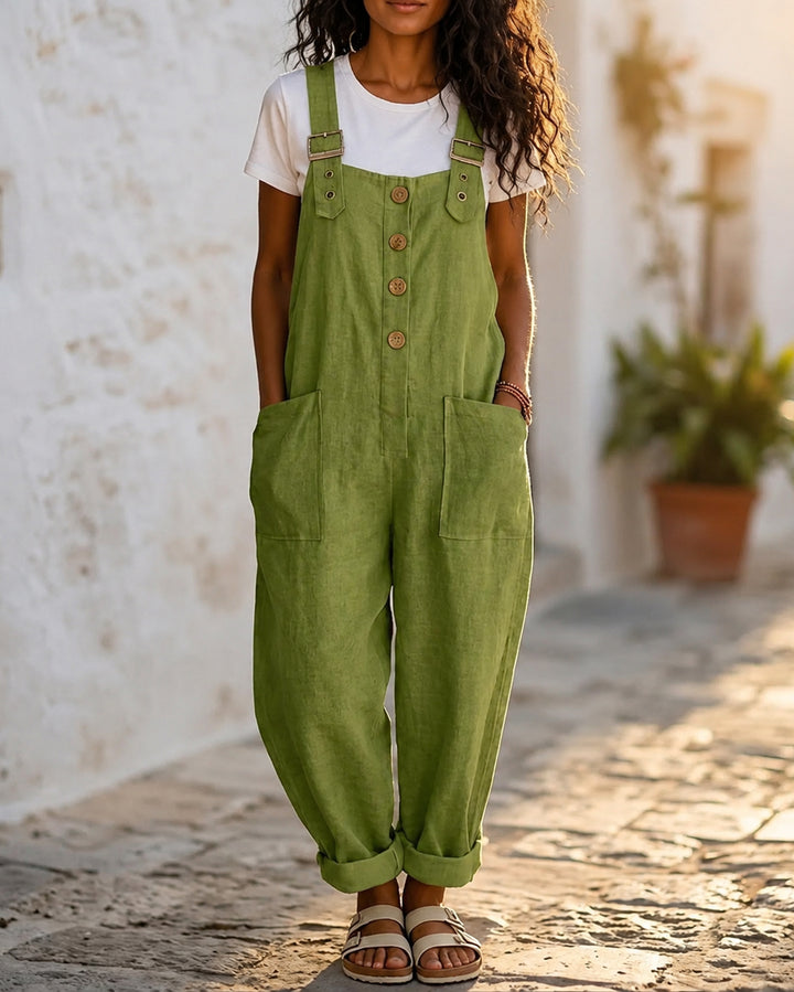Solid Color Retro Cotton and Linen Pocket Loose Button-Front Overalls