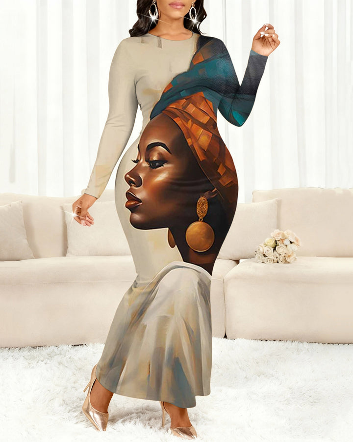 African Women's Art Round Neck Long Sleeve Bodycon Dress