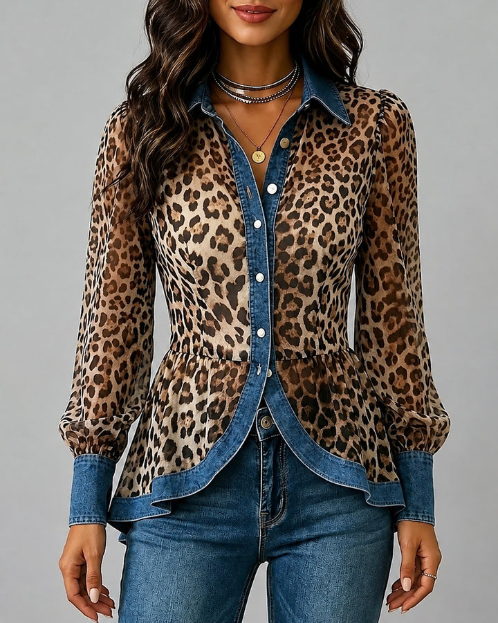 Denim Patchwork Leopard Print Button Jacket
