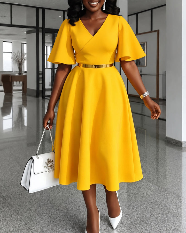 V-Neck Flared Sleeve Midi Swing Dress