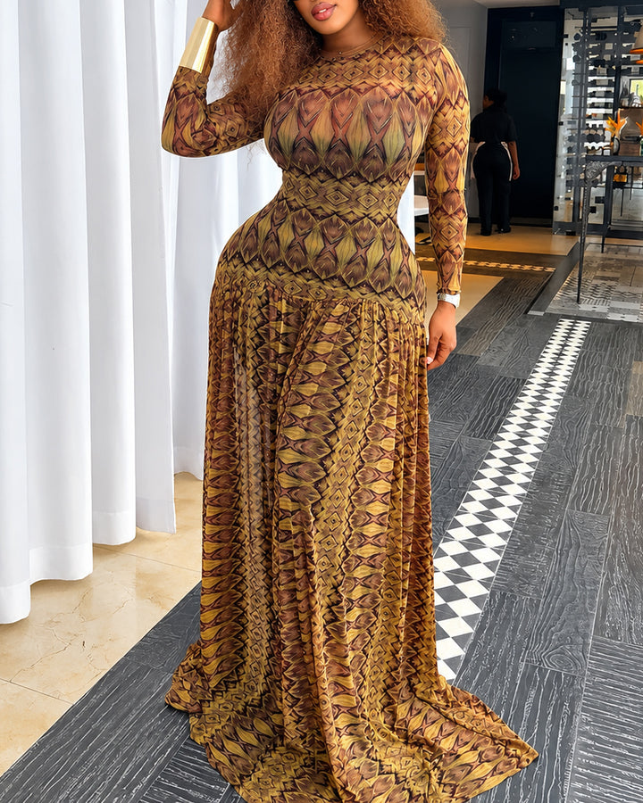 Geometric African Print Long Sleeve Mesh Maxi Dress