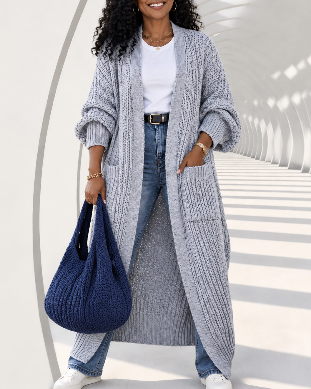 Women's Chunky Knit Open Front Oversized Lantern Sleeve Long Cardigan