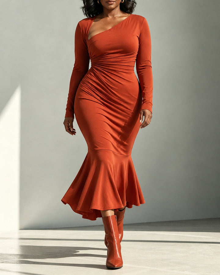 Women's Long Sleeve Asymmetric Ruched Waist Midi Dress