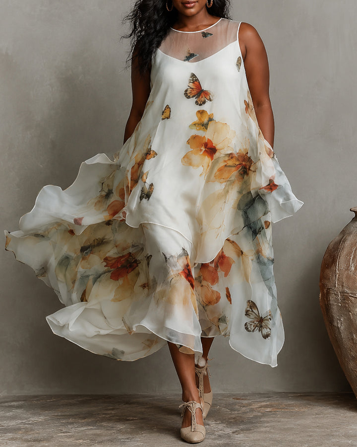 Butterfly Print Casual Crew Neck Flowy Chiffon Maxi Dress