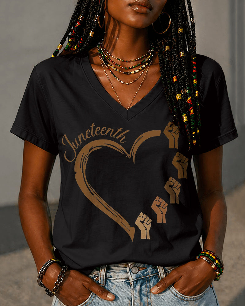 100% Cotton Juneteenth Heart 1865 Emancipation V Neck Short Sleeve Tshirt