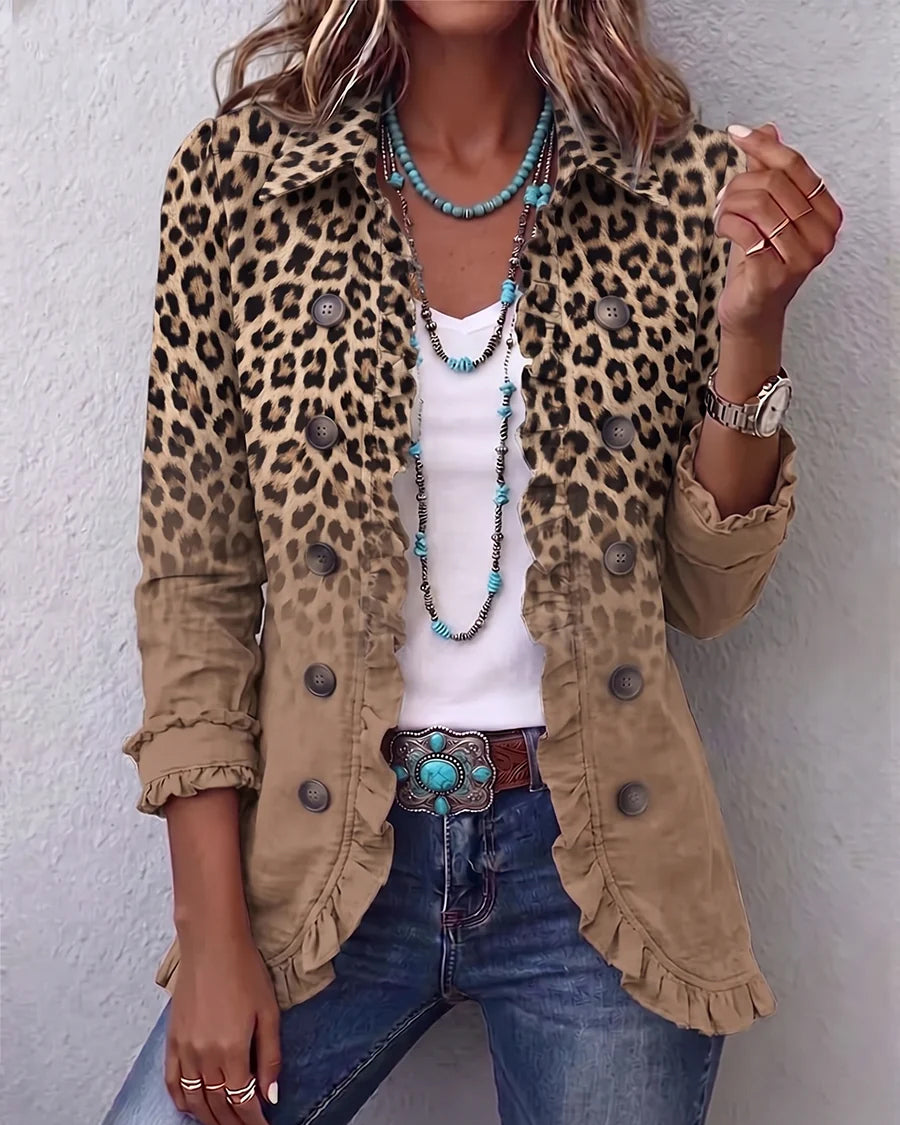 Classic Leopard Print Gradient Linen Blend Ruffle Jacket