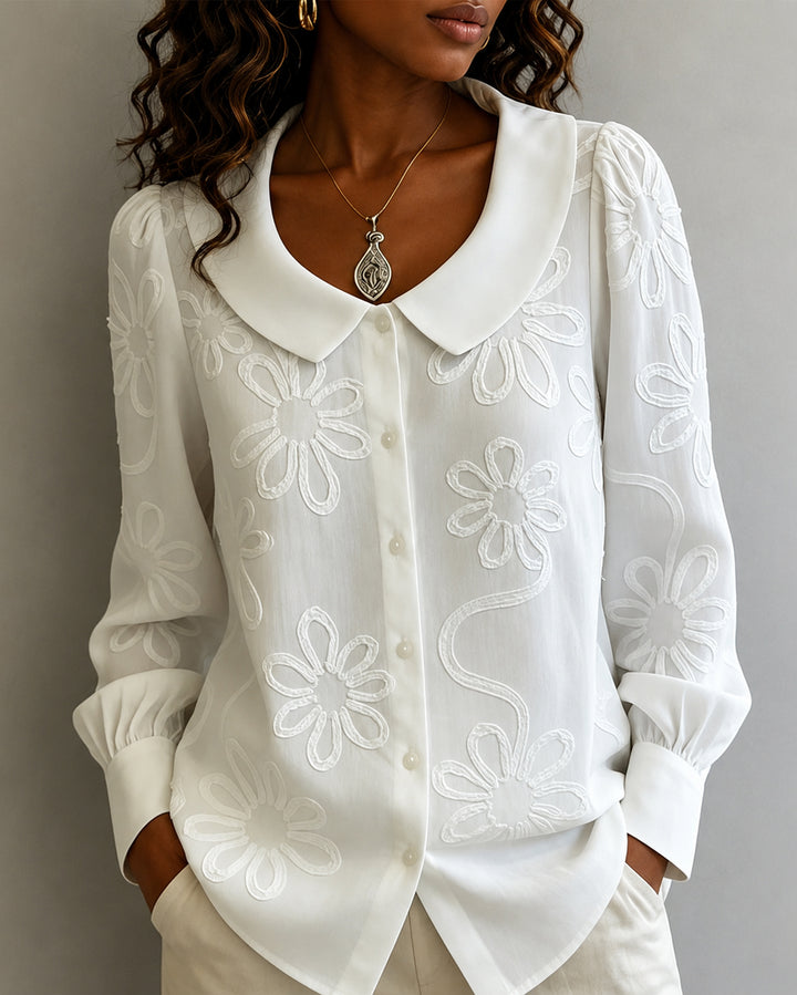 Peter Pan Collar Long Sleeve Embroidered Button Down Shirt