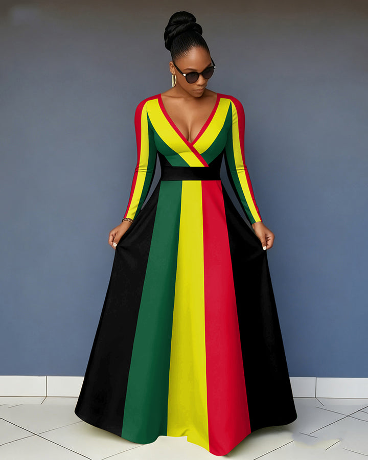 V-Neck Reggae Color Pocket Long-Sleeved Maxi Dress