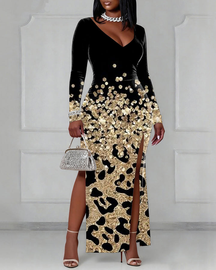 V-neck Gold Leopard Print Sequins Long Sleeve Bodycon Dress