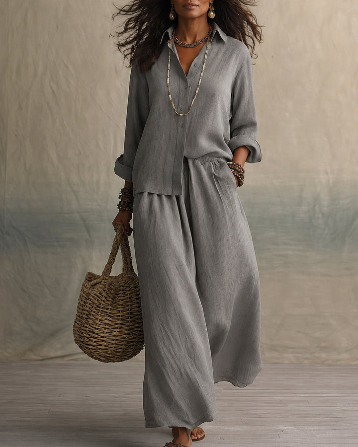 Linen‑Look Shirt & Wide‑Leg Maxi  Pants Two Piece Set