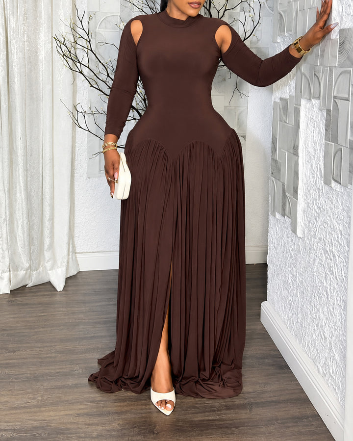 Women's Mock Neck Cold Shoulder Long Sleeve Bodycon Pleated  Maxi Dress