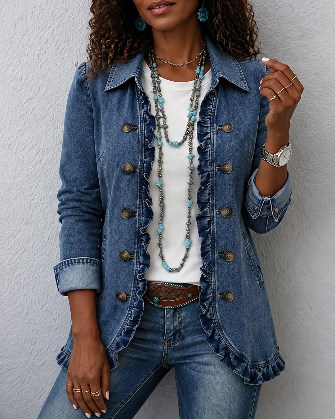 Vintage Lapel Lace Button‑Front Denim Jacket