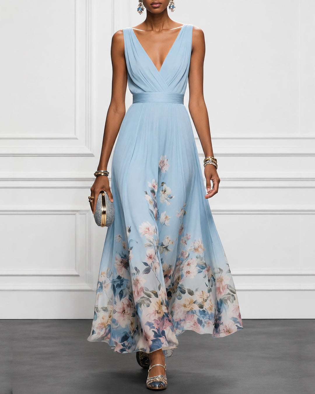Light Blue Floral Chiffon V Neck Sleeveless A-Line Maxi Dress