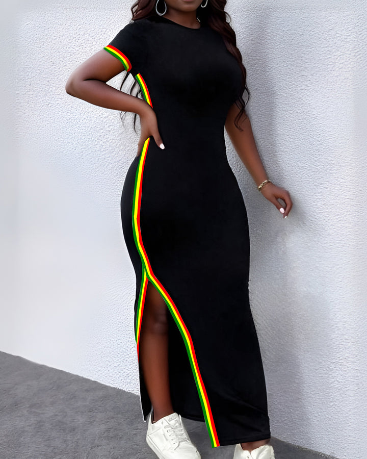 Reggae Stripe Hem Slit Crew Neck Short Sleeve Dress