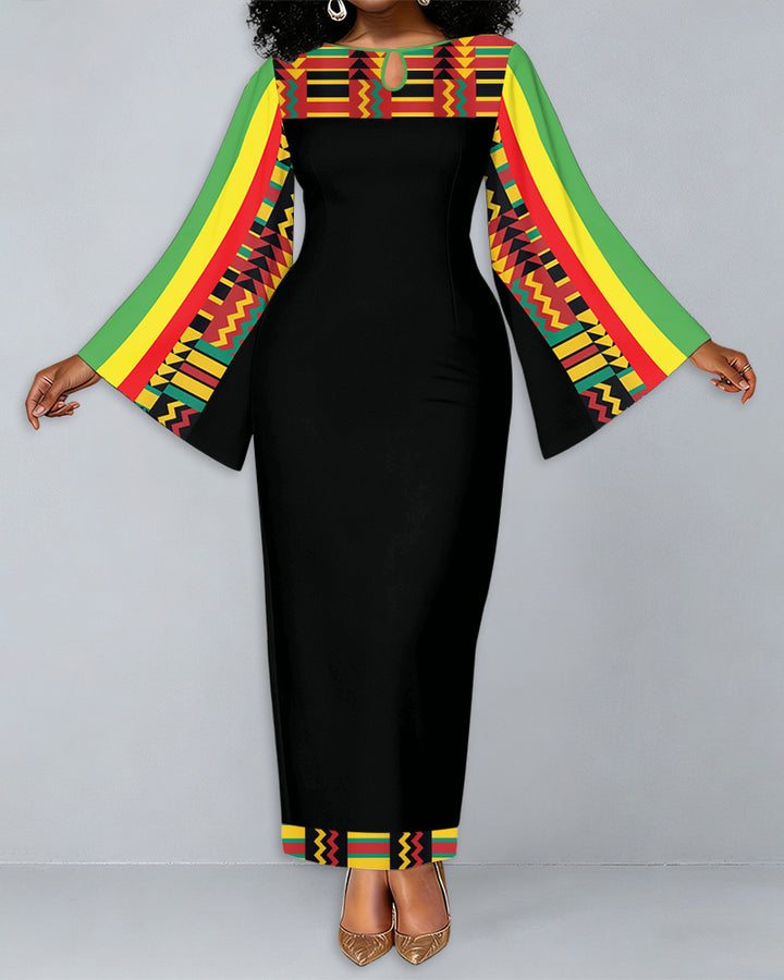 Reggae Stripes African Color Print Round Neck Bell Sleeve Bodycon Long Dress