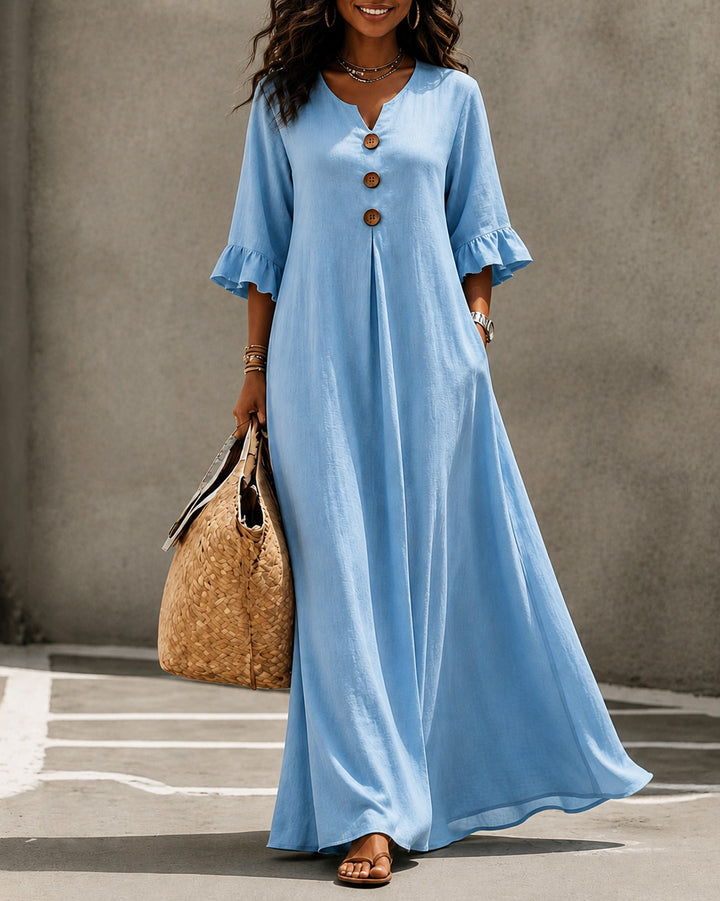 V Neck Button Ruffle Sleeve Maxi Dress With Pockets