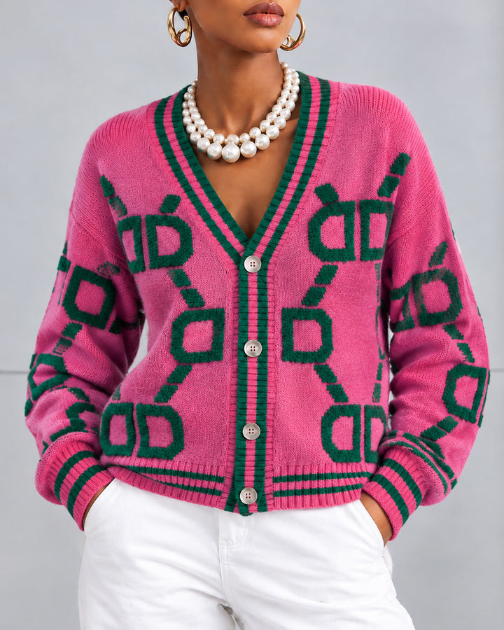 Women's V Neck Geometric Pattern Knit Cardigan
