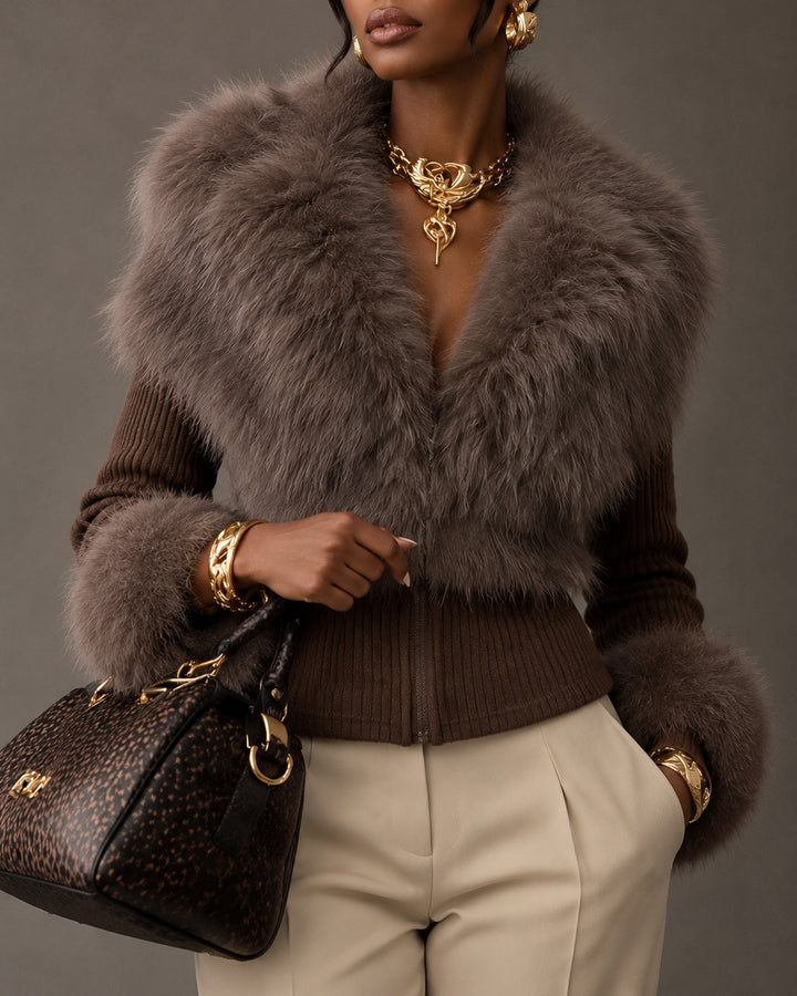 Women Faux Fur Collar & Cuff Ribbed Knit Cropped Jacket