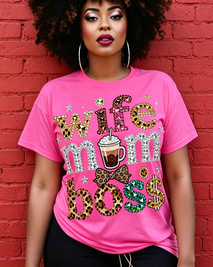 100% Cotton Wife Mom Boss Crew Neck Short Sleeve Tshirt