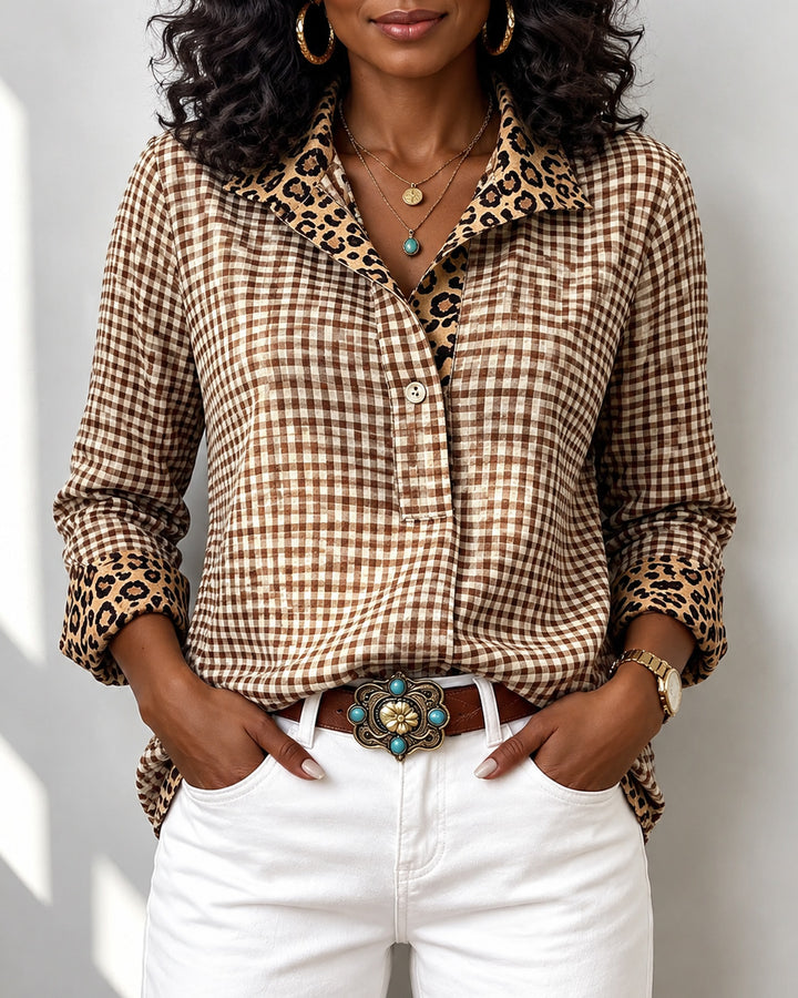 Classic Gingham Pattern Leopard Collar Three Quater Sleeve Blouse