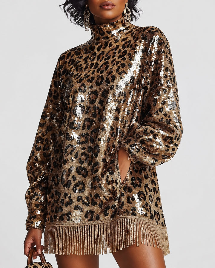 Leopard Sequin Turtleneck Long Sleeve Fringe Hem Mini Dress