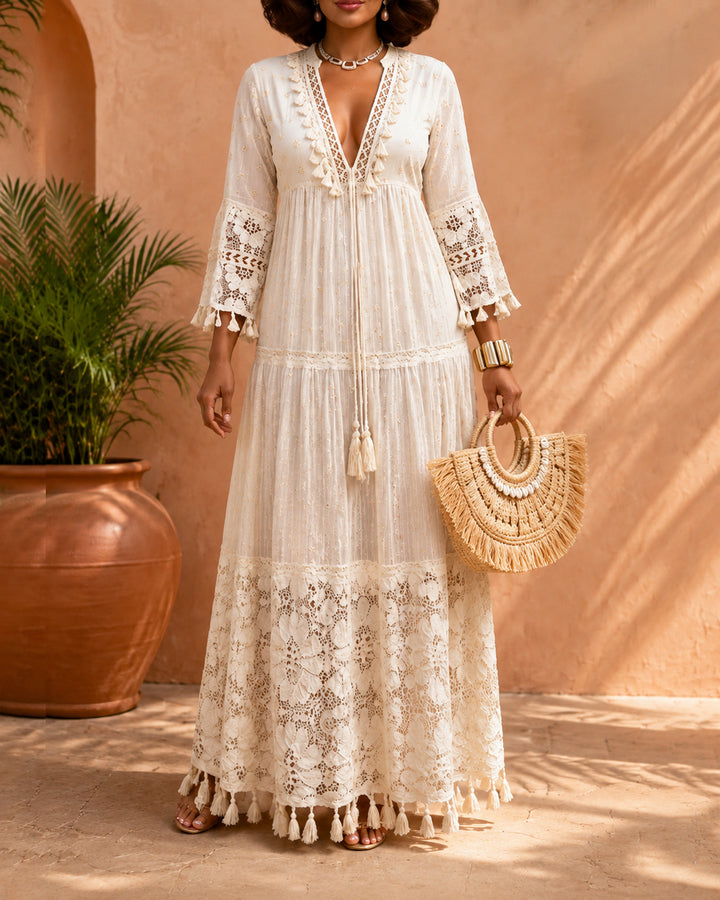 V‑Neck 3/4 Bell Sleeve Boho Lace Tassel Maxi Dress