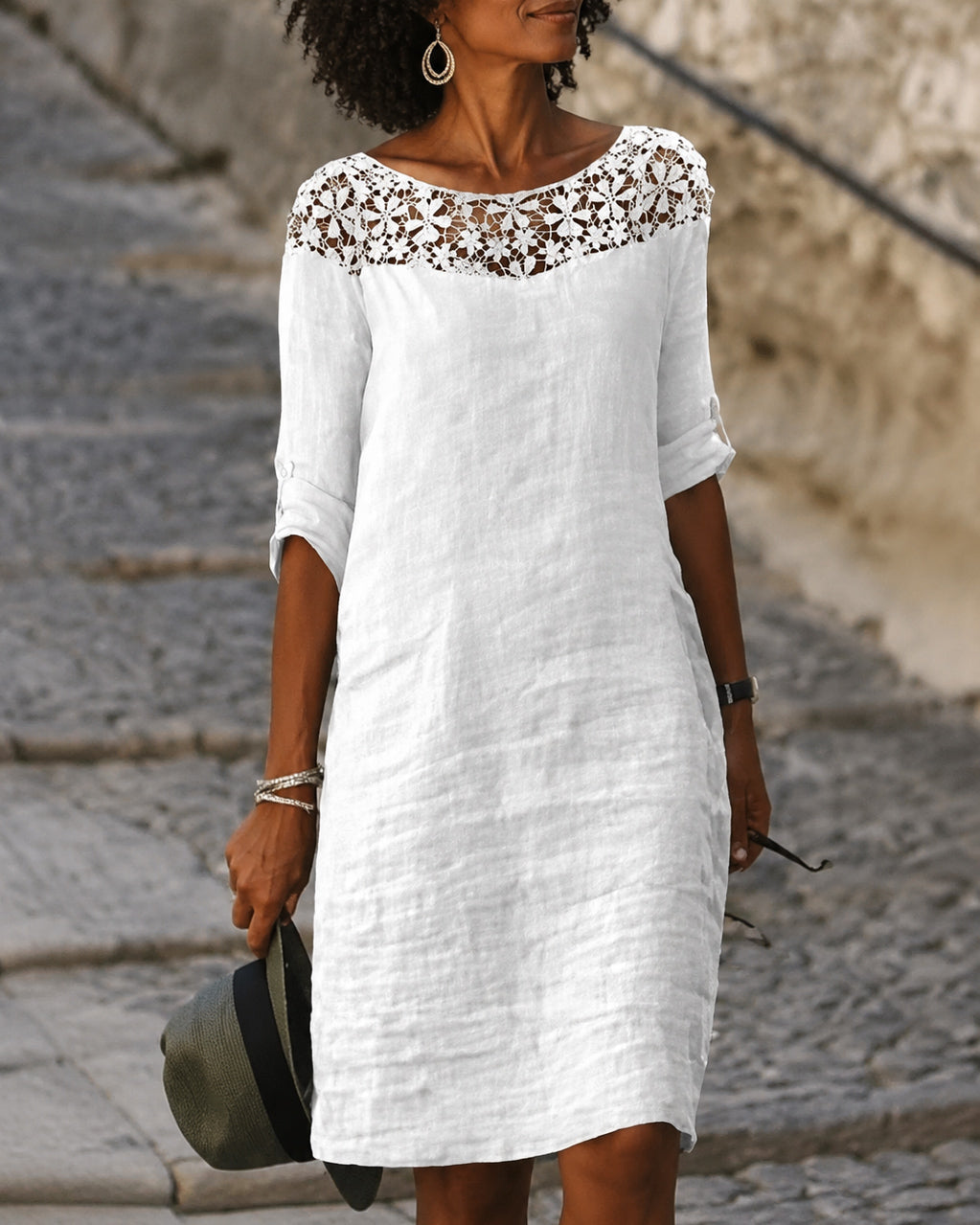 Half Sleeve V Neck White Lace Dress