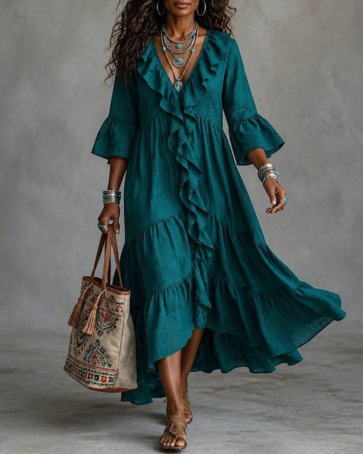 V-Neck Lace Spliced 3/4 Flare Sleeve Ruffled Vintage Dress