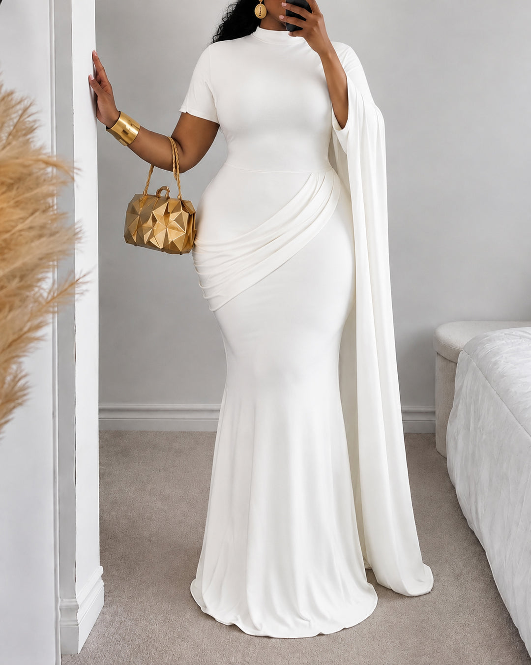 Mock Neck Cape Sleeve Ruched Evening Party Gown