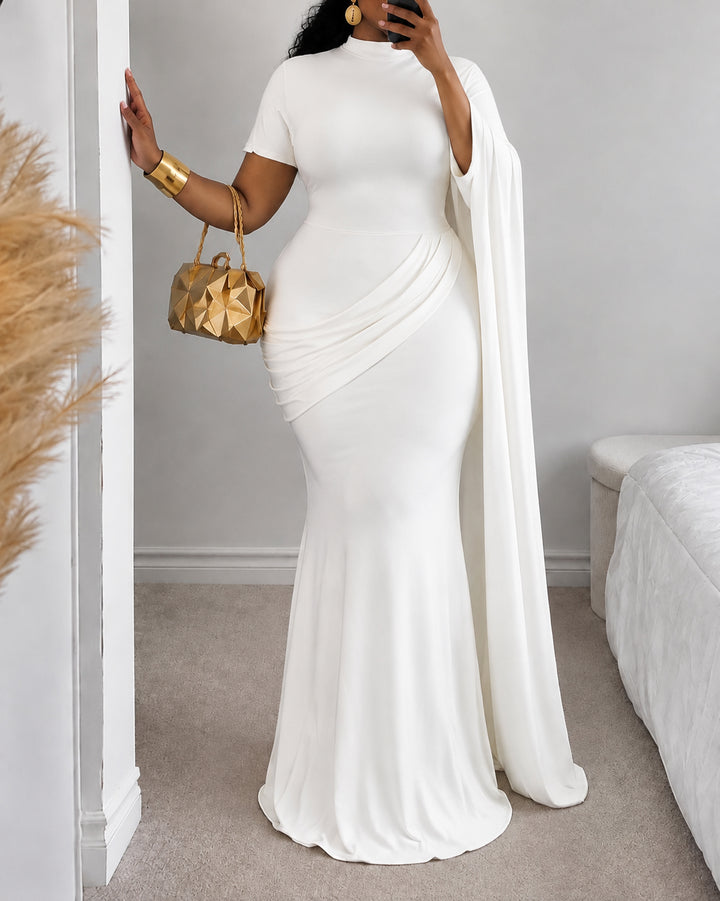 Mock Neck Cape Sleeve Ruched Evening Party Gown