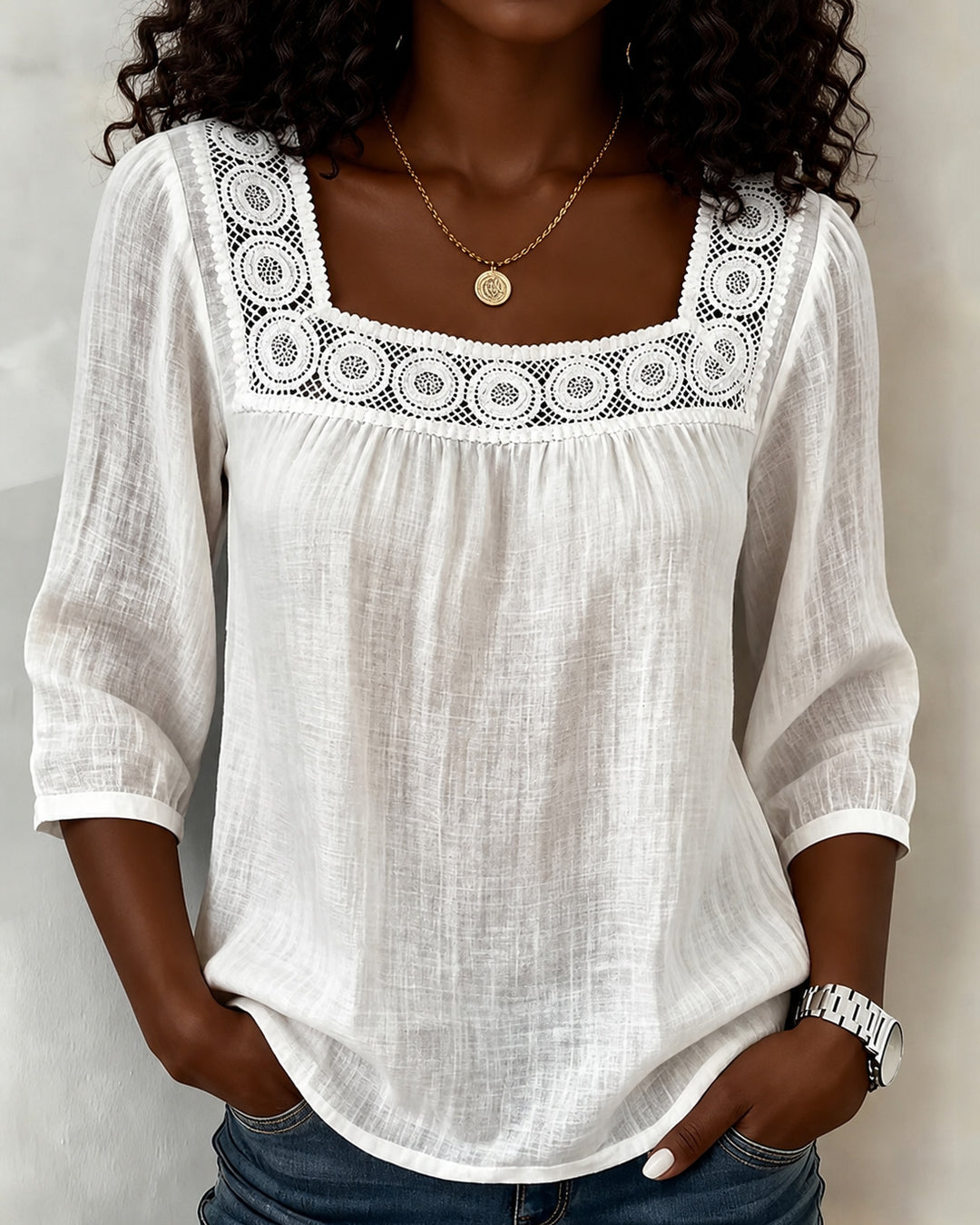 Square Neck Lace Spliced 3/4 Sleeve Cotton Linen Blouse