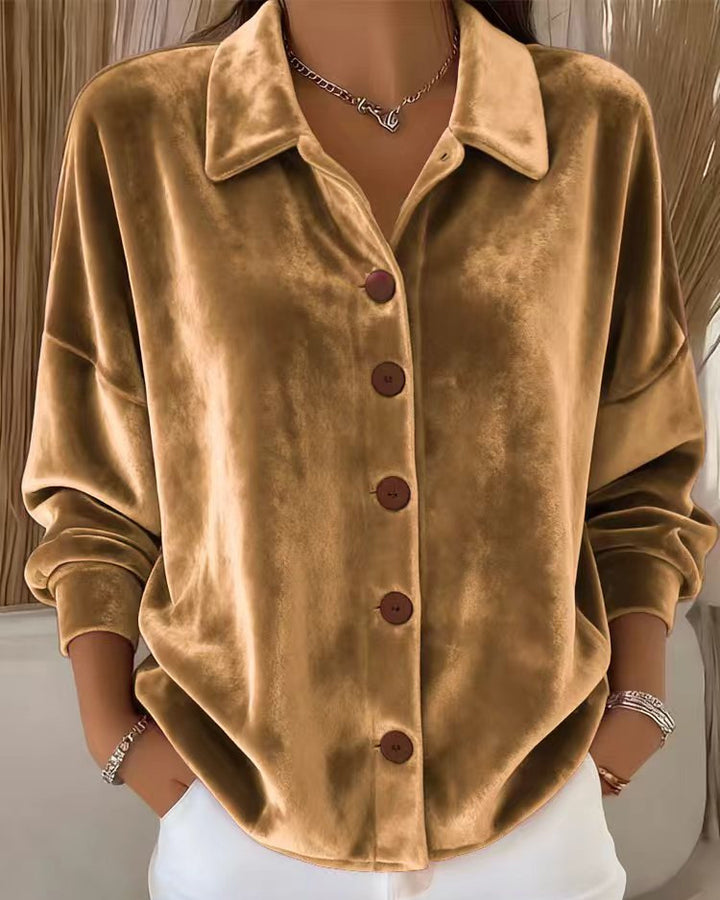 Lapel Button-down Long Velvet Sleeve Blouse
