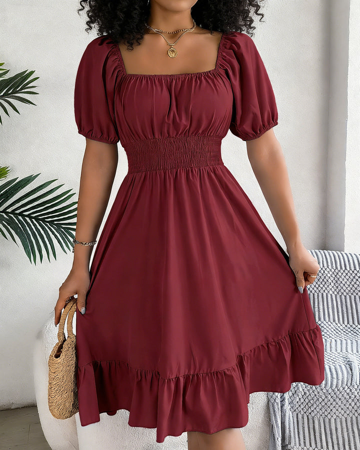 Square Neck Waist Ruffle A-Line Dress