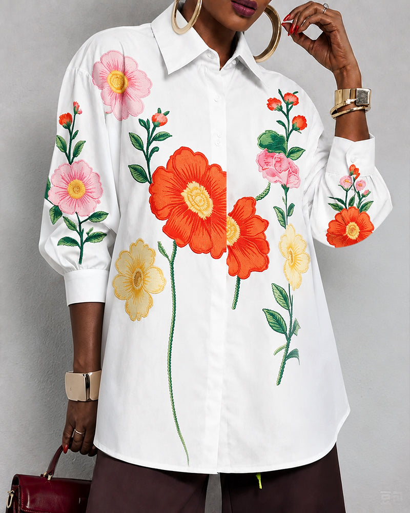 Elegant Flowers Loose Three-Quarter Sleeves Buttoned Lapel Blouses&Shirts Tops