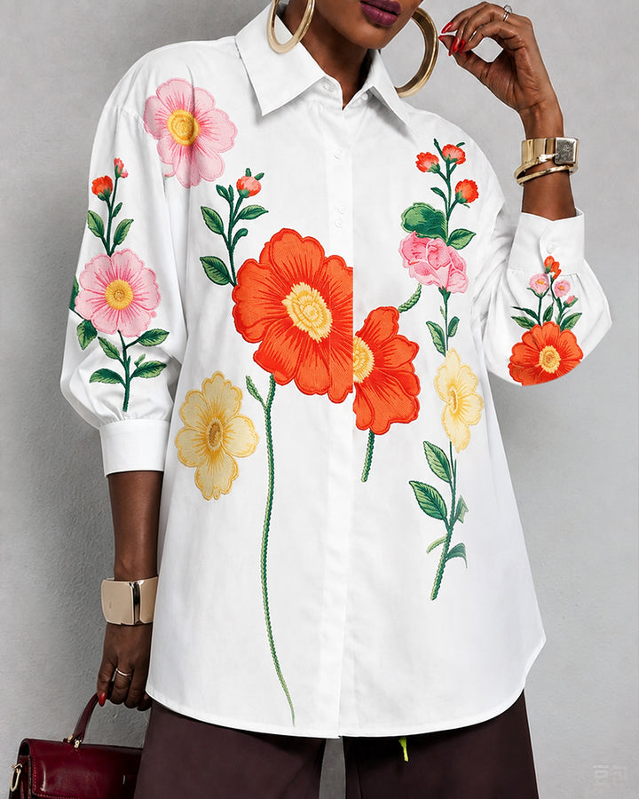 Elegant Flowers Loose Three-Quarter Sleeves Buttoned Lapel Blouses&Shirts Tops