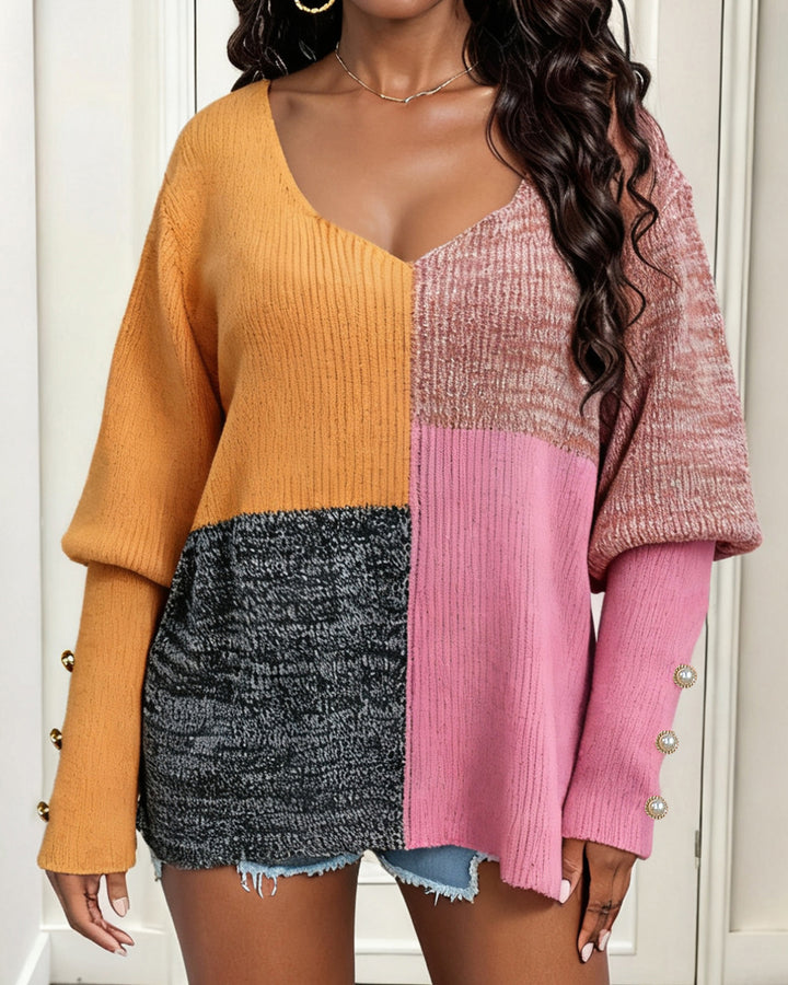 Women Color Block V Neck Loose Fit Knit Pullover Sweater