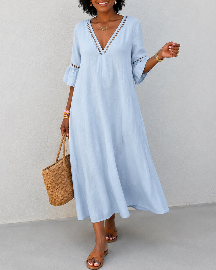 V-neck Solid Color Cotton and Linen Hollow-out Patchwork Dress