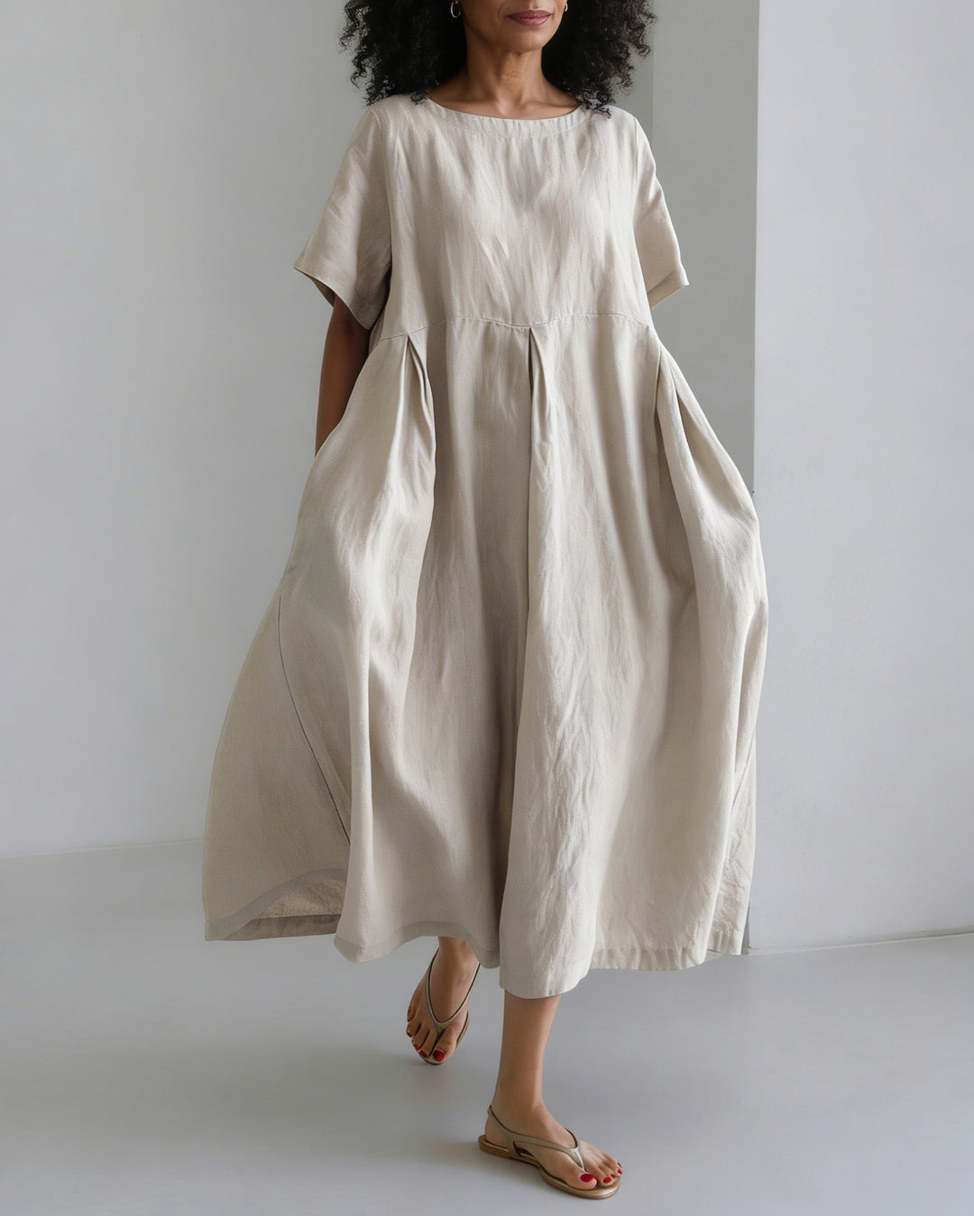 Round Neck Loose Cotton and Linen Casual Long Dress