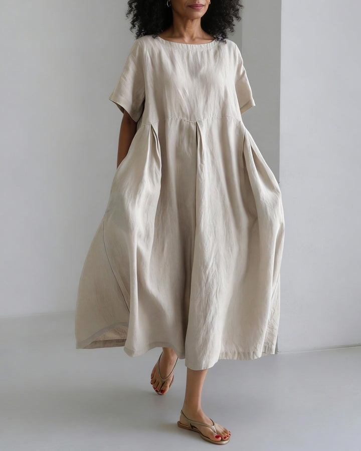 Round Neck Loose Cotton and Linen Casual Long Dress