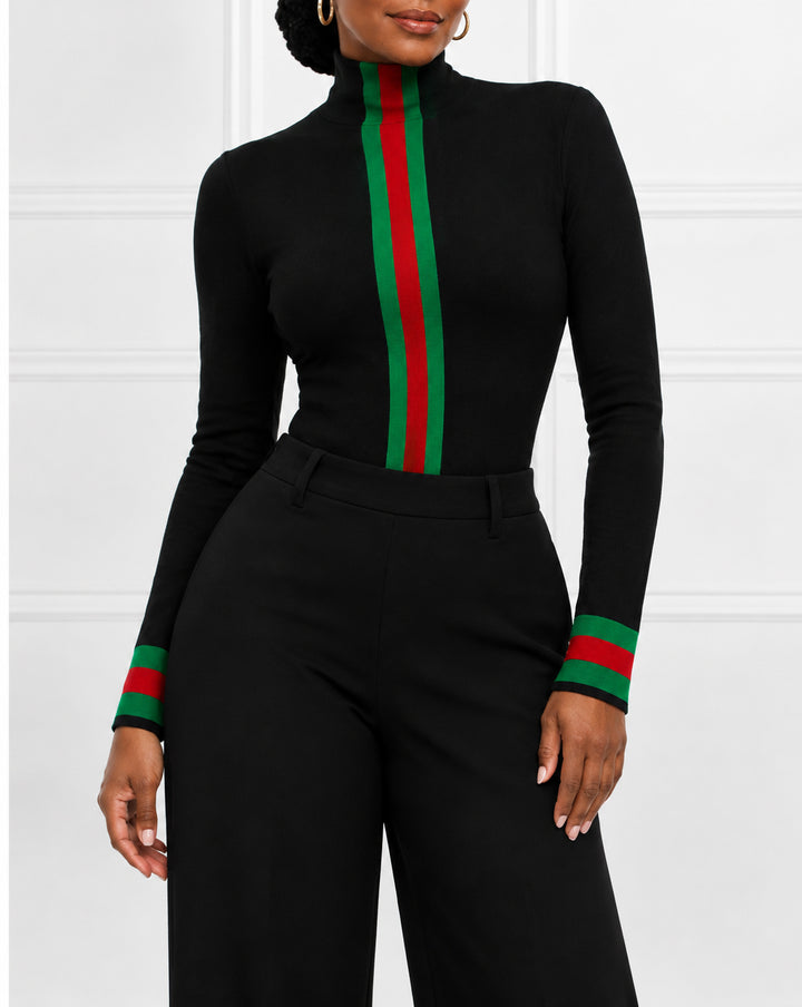 Minimalist Striped Print Turtleneck Tight Fit Long Sleeve T-Shirt