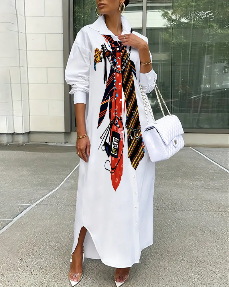 Tie and Accessory Combination Printed Oversized Loose-fitting Drop-shoulder Long Shirt Dress