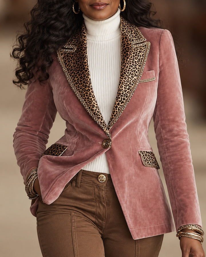 Women's Velvet Blazer Leopard Print Lapel One Button Slim Fit Jacket