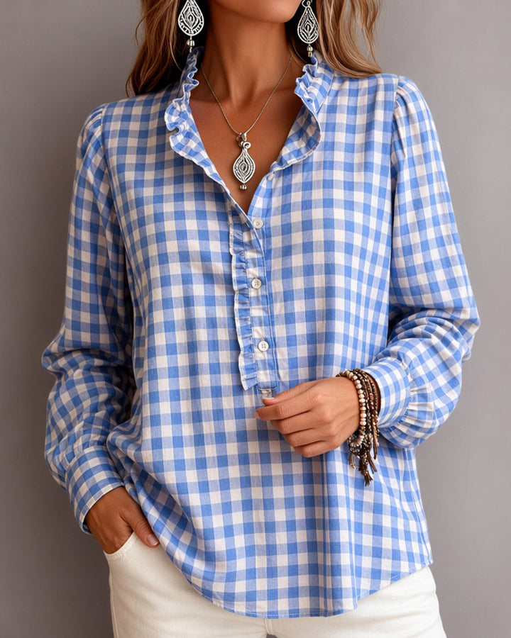 Striped Plaid Ruffle Trim Long Sleeve Casual Blouse