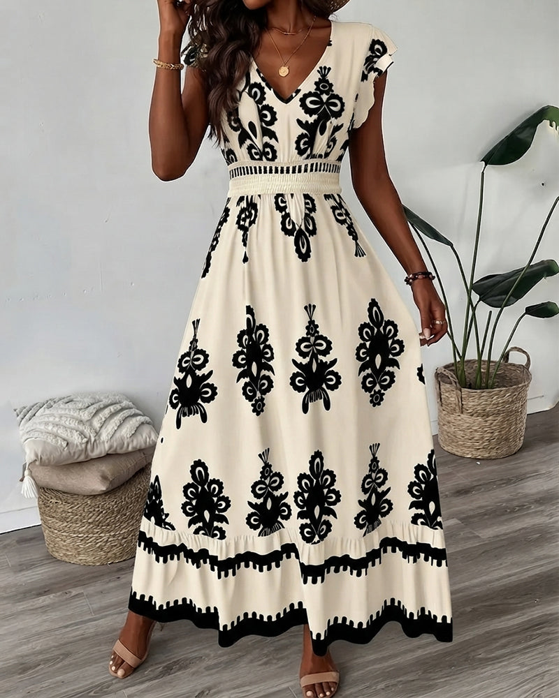 Women's Elegant Short Sleeve V-Neck High Waist Elastic Waistband  Boho Pattern Print Maxi Dress