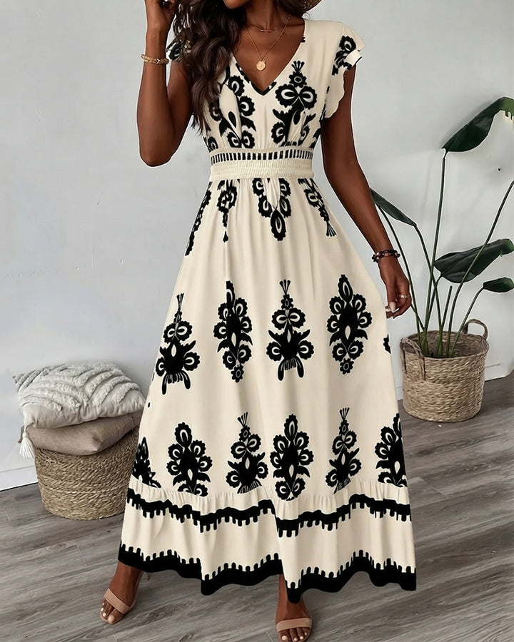 Women's Elegant Short Sleeve V-Neck High Waist Elastic Waistband  Boho Pattern Print Maxi Dress