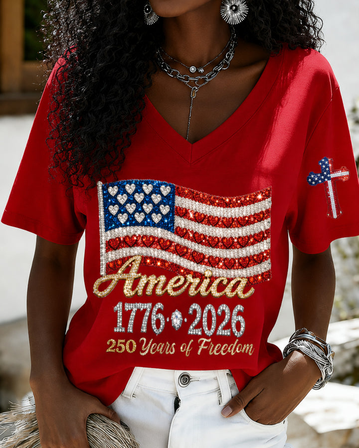 100% Cotton USA 250th Anniversary Sublimation V Neck Short Sleeve Tshirt